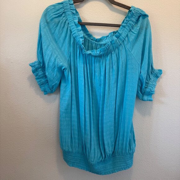 Ann Taylor Women's‎ Sky Blue Off Shoulder Peasant Top Size XL 100% Rayon Beachy - Picture 6 of 10